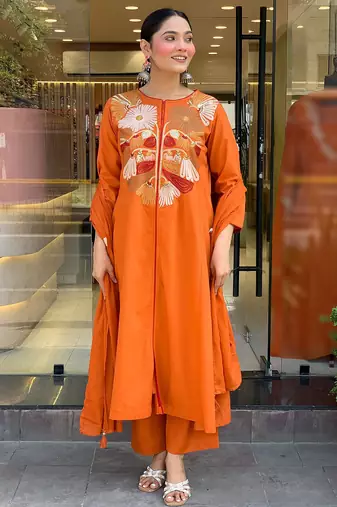Orange chanderi silk heavy thread embroidery work kurta pant set