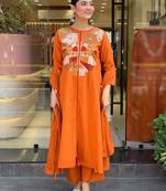 Orange chanderi silk heavy thread embroidery work kurta pant set