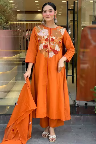 Orange chanderi silk heavy thread embroidery work kurta pant set