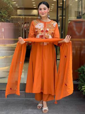 Orange chanderi silk heavy thread embroidery work kurta pant set 3