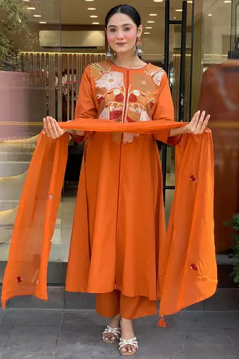 Orange chanderi silk heavy thread embroidery work kurta pant set