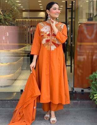 Orange chanderi silk heavy thread embroidery work kurta pant set 4