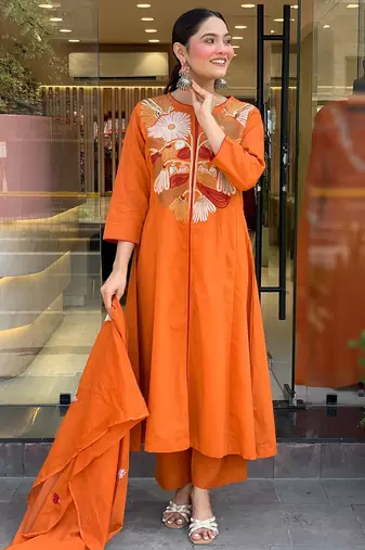 Orange chanderi silk heavy thread embroidery work kurta pant set