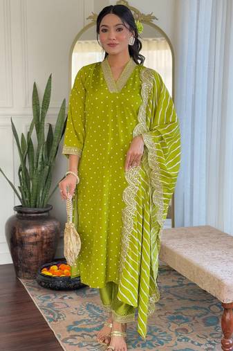 Lime muslin silk print with thread embroidery work kurta pant set