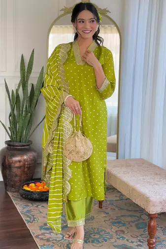 Lime muslin silk print with thread embroidery work kurta pant set