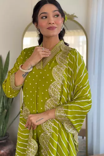 Lime muslin silk print with thread embroidery work kurta pant set