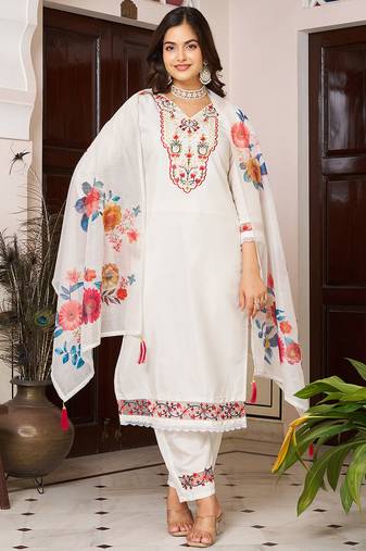 Off white chanderi silk heavy thread embroidery work with printed dupatta kurta pant set