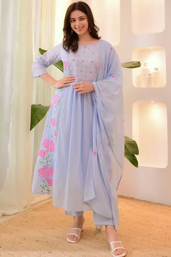 Light blue parampara silk heavy thread embroidery work kurta pant set