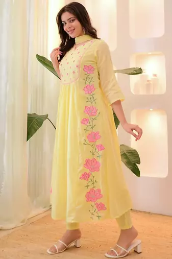 Yellow parampara silk heavy thread embroidery work kurta pant set