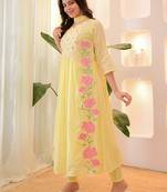Yellow parampara silk heavy thread embroidery work kurta pant set