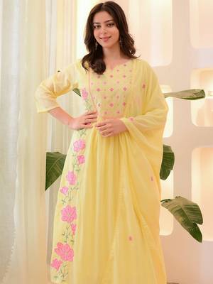 Yellow parampara silk heavy thread embroidery work kurta pant set 2