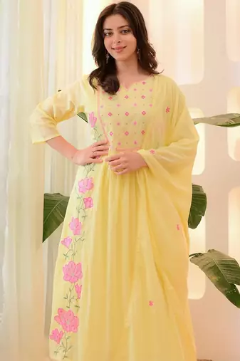 Yellow parampara silk heavy thread embroidery work kurta pant set
