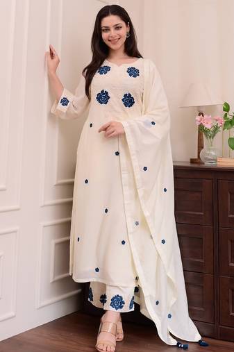 Cream rayon slub heavy thread embroidery work kurta pant set