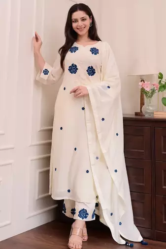 Cream rayon slub heavy thread embroidery work kurta pant set