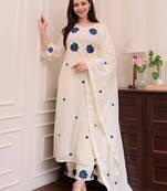 Cream rayon slub heavy thread embroidery work kurta pant set