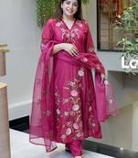 Rani pink chanderi silk heavy thread embroidery work kurta pant set