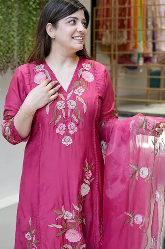 Rani pink chanderi silk heavy thread embroidery work kurta pant set