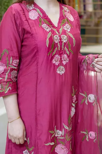 Rani pink chanderi silk heavy thread embroidery work kurta pant set