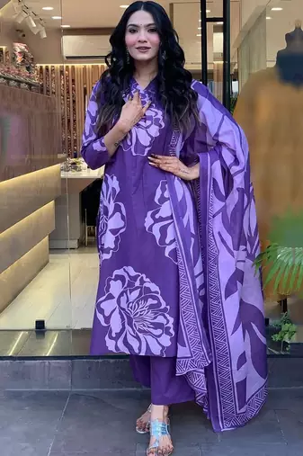 Purple pure mal cotton print with thread work on neck kurta pant set