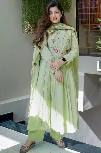 Pista green chanderi silk heavy thread embroidery work kurta pant set