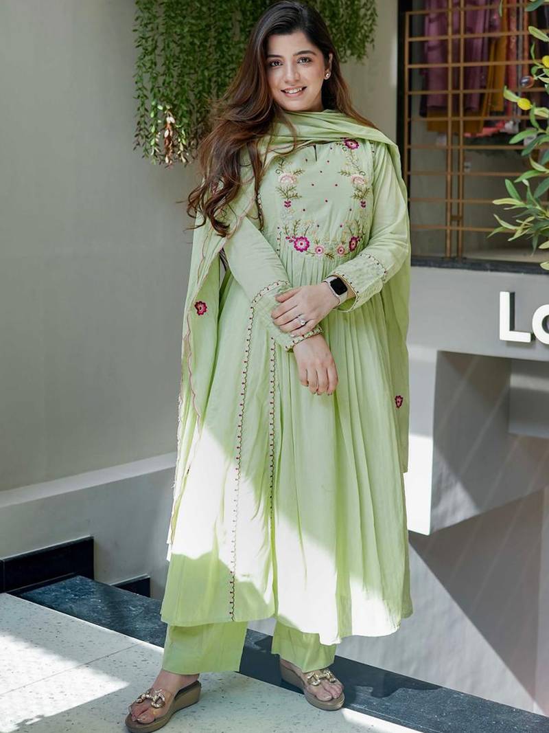Pista green chanderi silk heavy thread embroidery work kurta pant set