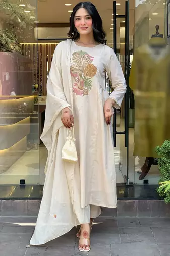 Cream rayon slub heavy thread embroidery work kurta pant set