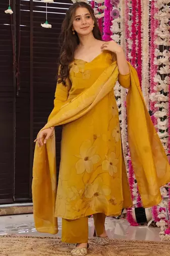 Yellow silk printed kurta pant set