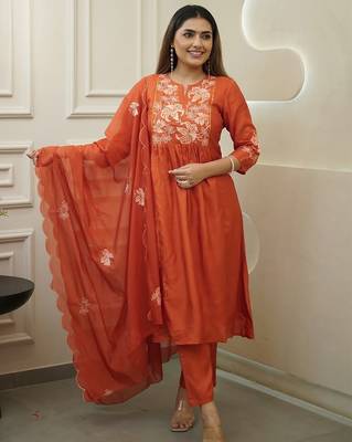 Orange chinon heavy thread embroidery work kurta pant set 1