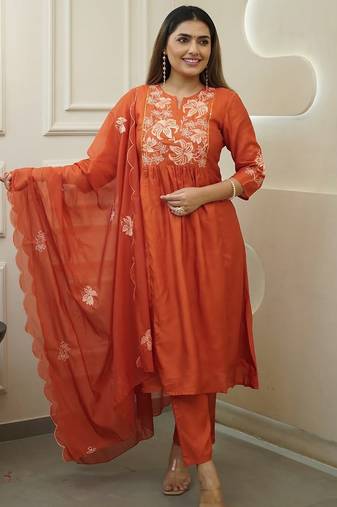 Orange chinon heavy thread embroidery work kurta pant set
