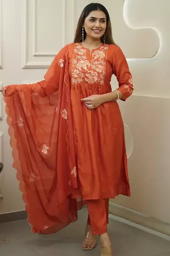 Orange chinon heavy thread embroidery work kurta pant set