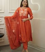 Orange chinon heavy thread embroidery work kurta pant set