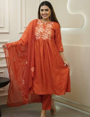 Orange chinon heavy thread embroidery work kurta pant set 2