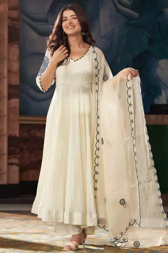 Cream vichitra silk heavy thread embroidery work on sleeve kurta pant set