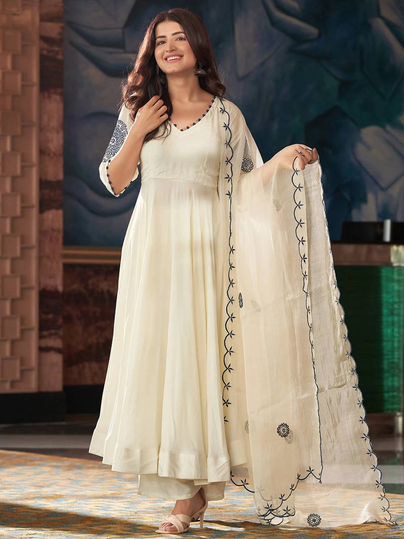 Cream vichitra silk heavy thread embroidery work on sleeve kurta pant set