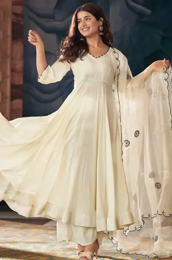 Cream vichitra silk heavy thread embroidery work on sleeve kurta pant set