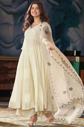 Cream vichitra silk heavy thread embroidery work on sleeve kurta pant set