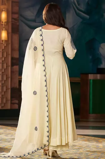 Cream vichitra silk heavy thread embroidery work on sleeve kurta pant set