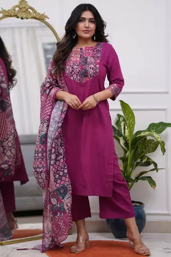 Purple rayon printed kurta pant set