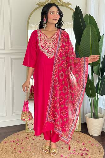 Rani pink viscose blend heavy thread embroidery work with printed dupatta kurta pant set