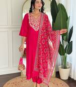 Rani pink viscose blend heavy thread embroidery work with printed dupatta kurta pant set