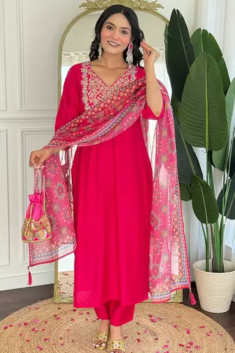 Rani pink viscose blend heavy thread embroidery work with printed dupatta kurta pant set