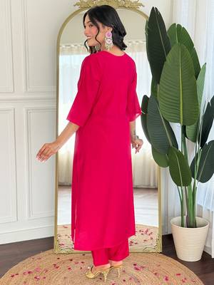 Rani pink viscose blend heavy thread embroidery work with printed dupatta kurta pant set 3
