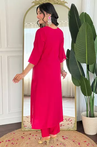 Rani pink viscose blend heavy thread embroidery work with printed dupatta kurta pant set
