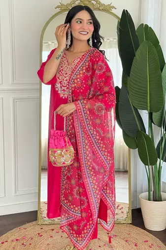 Rani pink viscose blend heavy thread embroidery work with printed dupatta kurta pant set