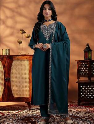Teal blue vichitra heavy thread embroidery work kurta pant set 1