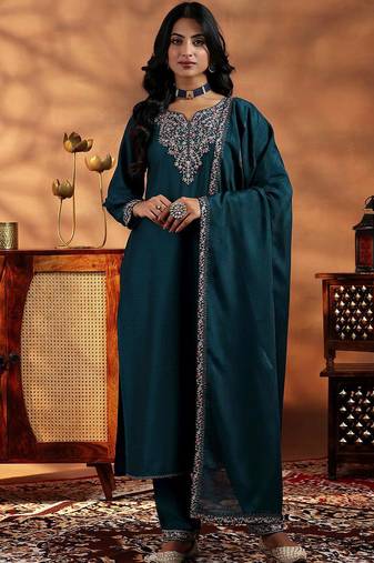 Teal blue vichitra heavy thread embroidery work kurta pant set