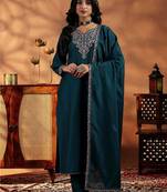 Teal blue vichitra heavy thread embroidery work kurta pant set