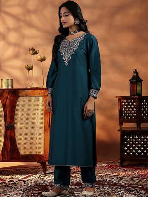 Teal blue vichitra heavy thread embroidery work kurta pant set 2