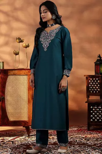 Teal blue vichitra heavy thread embroidery work kurta pant set