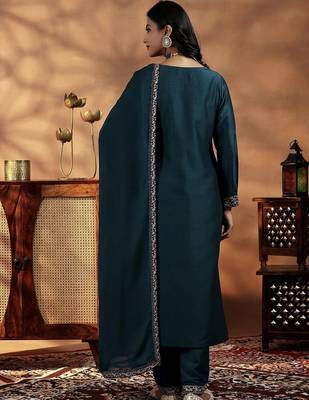 Teal blue vichitra heavy thread embroidery work kurta pant set 3
